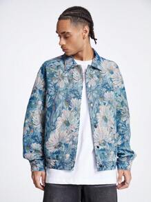 Manfinity RebelGame Men's Woven Color-Block Jacquard Loose Long Sleeve Floral Art Shirt Jacket & Outerwear, For Friends, For Fall Winter