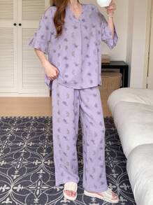 DAZY 花卉印花全袖蕾丝边 V 领上衣和裤子睡衣套装，休闲装 - 紫色 - 查看 8
