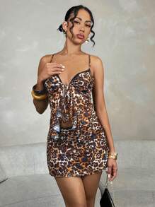 Glamine 女士雙肩帶系帶襯褶蕾絲豹紋上衣和裙子套裝 - 咖啡棕 - 查看 1