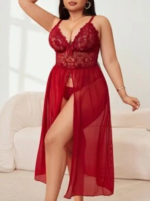 SHEIN 大码蕾丝对比网眼性感无线内衣连衣裙 + 丁字裤套装，2 件