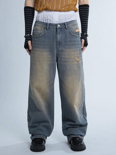 Manfinity Denimwave Y2K Men's Vintage Wide Leg Jeans, Nostalgic 90s Style Distressed Baggy Jeans, For Husband, Boyfriend Gifts