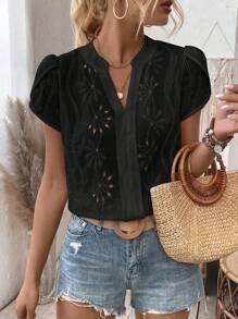 EMERY ROSE 鑲邊刺繡凹口領泡泡袖上衣 - 黑色 - 查看 4