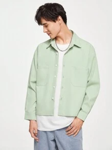 Chillumni Men's Solid Color Button-Down Collar Pocketed Long Sleeve Casual Top, Daily Leisure - Green - View 1