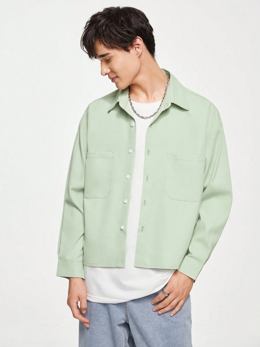 Chillumni Men's Solid Color Button-Down Collar Pocketed Long Sleeve Casual Top, Daily Leisure - Green - View 1