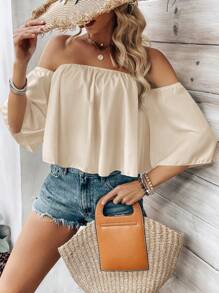 Breezaya Women's Plain And Simple Off The Shoulder Daily Blouse,Short Sleeve Tops - Apricot - View 4