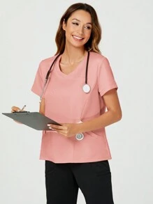 TaskEZ Solid Color V-Neck Casual Short-Sleeved Uniform Scrub Top For Summer - Pink - View 4