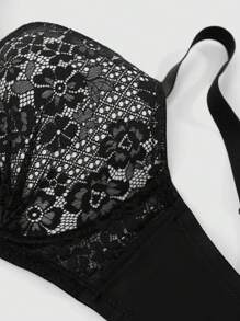 Romantic Lace Splice Push-Up Bra With Underwire And Side Support For Plus Size Women, 1pc - Black - View 8