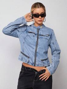 SHEIN EZwear 女士拉链洗水牛仔夹克 - 藍色 - 查看 7