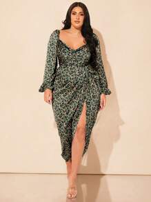 SHEIN BAE 曲线加大码垂坠领褶饰开衩大腿系带缎面连衣裙绿色花卉全身缎面印花中长连衣裙、沙滩裙、太阳裙、波西米亚风度假装 - 彩色 - 查看 3