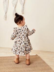 SHEIN LMoss Kids LMoss 女婴时尚可爱女婴波尔卡圆点荷叶边袖长裙，非常适合秋冬季休闲日常穿着和上学日常穿着、圣诞节、女童冬装 - 彩色 - 查看 3