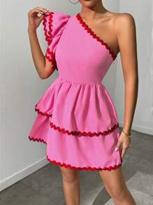 Chiquease Colorblock Border Trim Wave Hem One Shoulder Dress, Casual Vacation - Pink - View 3