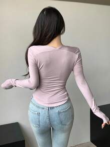 DAZY 女士純色縫肩圓環長袖T卹，日常穿著 - 紫色 - 查看 5