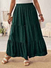 SHEIN Holidaya Quần ống rộng xếp ly màu trơn cỡ lớn, dành cho trang phục thường ngày - Màu xanh lá cây đậm - Xem 5