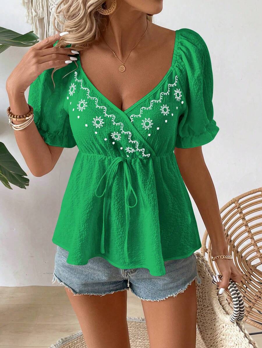 Breezaya Áo sơ mi tay phồng in hình phong cách nghỉ mát & giải trí - màu xanh lá - Xem 1