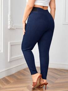 SHEIN Essnce 大尺碼純色拼接口袋牛仔褲，休閒服裝