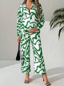 SHEIN Maternity Drop-Shoulder Long Sleeve Shirt With Front Button Closure Allover Print And Pants Set - Green - View 5