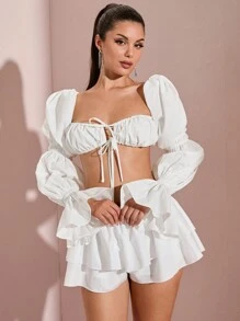 SHEIN BAE 女式夏季休闲长袖衬衫，带蝴蝶结领带细节，适合海滩、约会、派对和其他场合 - 白色 - 查看 3