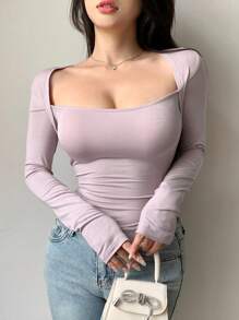 DAZY 女士純色縫肩圓環長袖T卹，日常穿著 - 紫色 - 查看 6