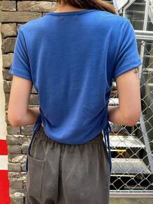 DAZY Women's Letter Printed Drawstring Short Sleeve T-Shirt,Crop Tops Women,Graphic Tees Preppy Tops - Royal Blue - View 2