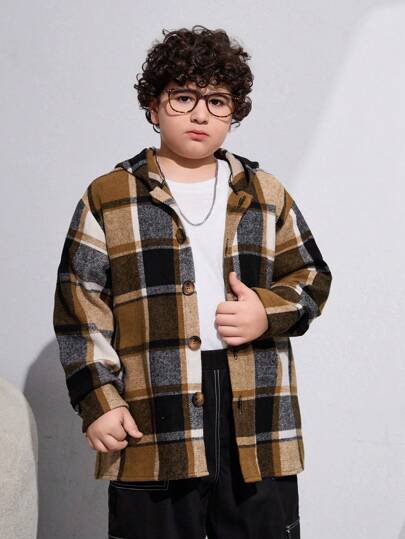 SHEIN Tween Boys Extended Size Hooded Plaid Jacket
