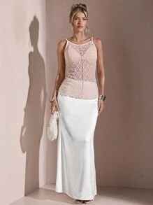 SHEIN BAE Váy trắng viền nàng tiên cá màu trơn thanh lịch dành cho nữ cho mùa xuân/hè - trắng - Xem 6