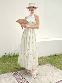 EastFlair Floral Printed Halter Neckline Dress With Ruffled Hem, Summer Style - Apricot - View 4