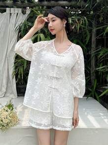 EastFlair 風提花扣釦休閒上衣和短褲套裝