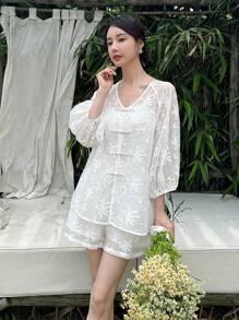 EastFlair 風提花扣釦休閒上衣和短褲套裝