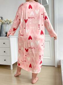Plus Heart Print Round Neck Long Sleeve Sleep Dress, Moo Moo, Fall - Pink - View 2