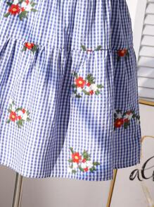 SHEIN Young Girl Gingham Floral Embroidered Dress,Blue Summer Fairy Party,White Plaid Pattern,Red Flower & Green Leaves Decor,Soft Breathable Fabric,Holiday - Multicolor - View 3