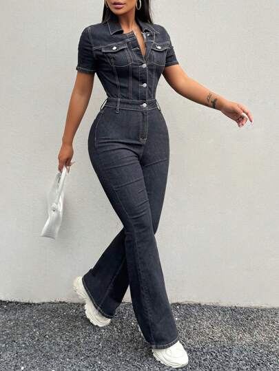 SHEIN SXY Plus Size Denim Jumpsuit Sexy Jumpsuit Short Sleeve Elastic Wide Leg Jumpsuit, Black