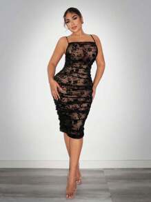 SHEIN SXY Black See Through Mesh Flocked Bodycon Spaghetti Strap Dress - Black - View 4