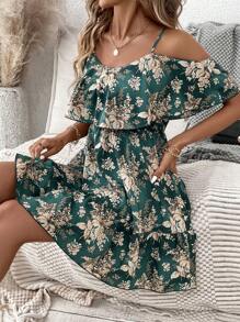 SHEIN Clasi 女士浪漫花卉和植物印花荷葉邊吊帶連衣裙，夏季款 - 綠色 - 查看 3