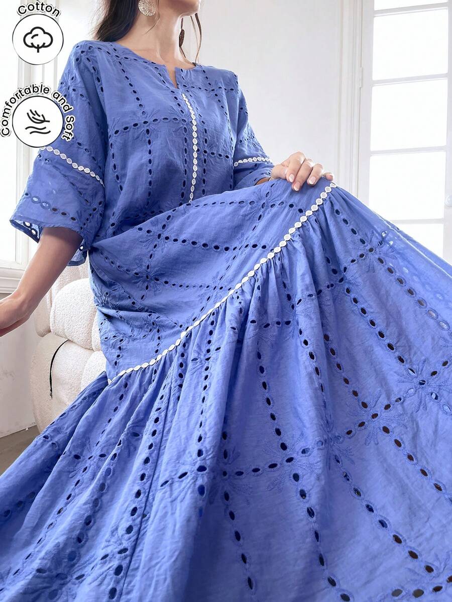 Al Najma 夏季孔眼刺绣荷叶边下摆端庄长袖连衣裙 - 藍色 - 查看 1