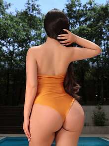 VaVaBold Women's Solid Color Pleated Strapless Orange Bodysuit For Beach Vacation In Summer - Orange - View 2