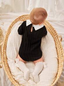 SHEIN Newborn Baby Black Knit White Square Collar Bodysuit, Daily, Casual, Cute, Elegant, Gorgeous, Fall/Winter - Multicolor - View 2