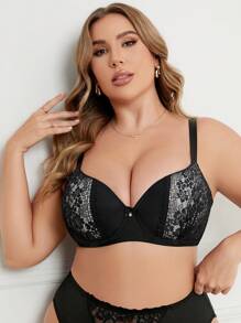 Romantic Lace Splice Push-Up Bra With Underwire And Side Support For Plus Size Women, 1pc - Black - View 1