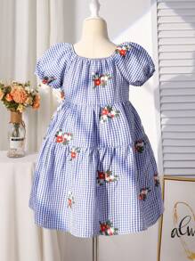 SHEIN Young Girl Gingham Floral Embroidered Dress,Blue Summer Fairy Party,White Plaid Pattern,Red Flower & Green Leaves Decor,Soft Breathable Fabric,Holiday - Multicolor - View 2
