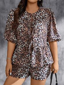 SHEIN Essnce Women's Plus Size Leopard Bow Tie Strap Top And Shorts Set - Multicolor - View 1