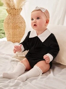 SHEIN Newborn Baby Black Knit White Square Collar Bodysuit, Daily, Casual, Cute, Elegant, Gorgeous, Fall/Winter - Multicolor - View 6