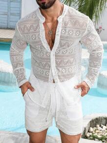 Manfinity RSRT 男士海滩度假纯色简约日常长袖衬衫和短裤套装