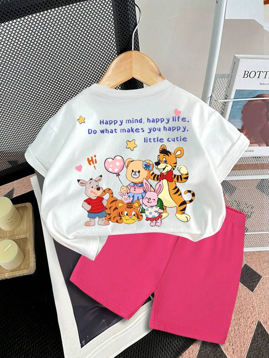 SHEIN 2pcs/Set Baby Girl Pink And White Summer Outfits,Cute Cartoon Animal & Letter Pattern Short Sleeve T-Shirt And Shorts,Casual Vacation Back To School - Multicolor - View 1