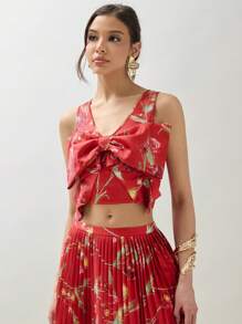 COSMINA Women's Sleeveless Floral Printed Bow Tie Blouse Top And Pleated Skirt - Multicolor - View 7