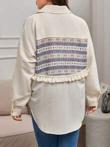 RueChic Plus Women's Blouse With Tassels And Tribe Print - White - View 2