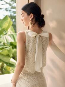 MOTF PREMIUM ÁO BA LỒNG THÊU LƯỚI CẮT LƯNG KẾT HỢP NGỌC TRAI CHO NỮ - Màu be - Xem 3