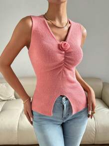 SHEIN LUNE Women's Solid Color 3D Flower Sleeveless Pleated Knitted Top, Daily Casual - Pink - View 5