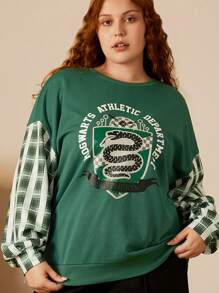 HARRY POTTER X SHEIN Plus Slytherin Áo nỉ in hình huy hiệu màu xanh đậm tương phản, thích hợp mặc hàng ngày và đi chơi - Màu xanh lam - Xem 3