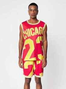 ROMWE MEN Prep 男士2入組籃球背心和短褲套裝，適用於春夏日常穿著 - 紅色 - 查看 1