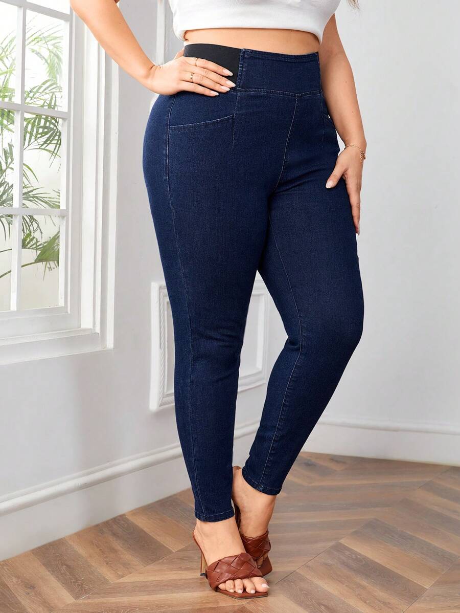 SHEIN Essnce 大尺碼純色拼接口袋牛仔褲，休閒服裝