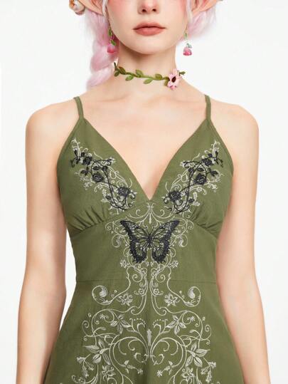 Fairycore Vestido de tirantes de espagueti para mujer, bordado vintage de mariposas y enredaderas de verano